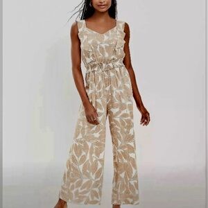 NEW Ann Taylor LOFT Tan Brown Ivory Leaf Print Wide leg sleeveless Jumpsuit Sz L